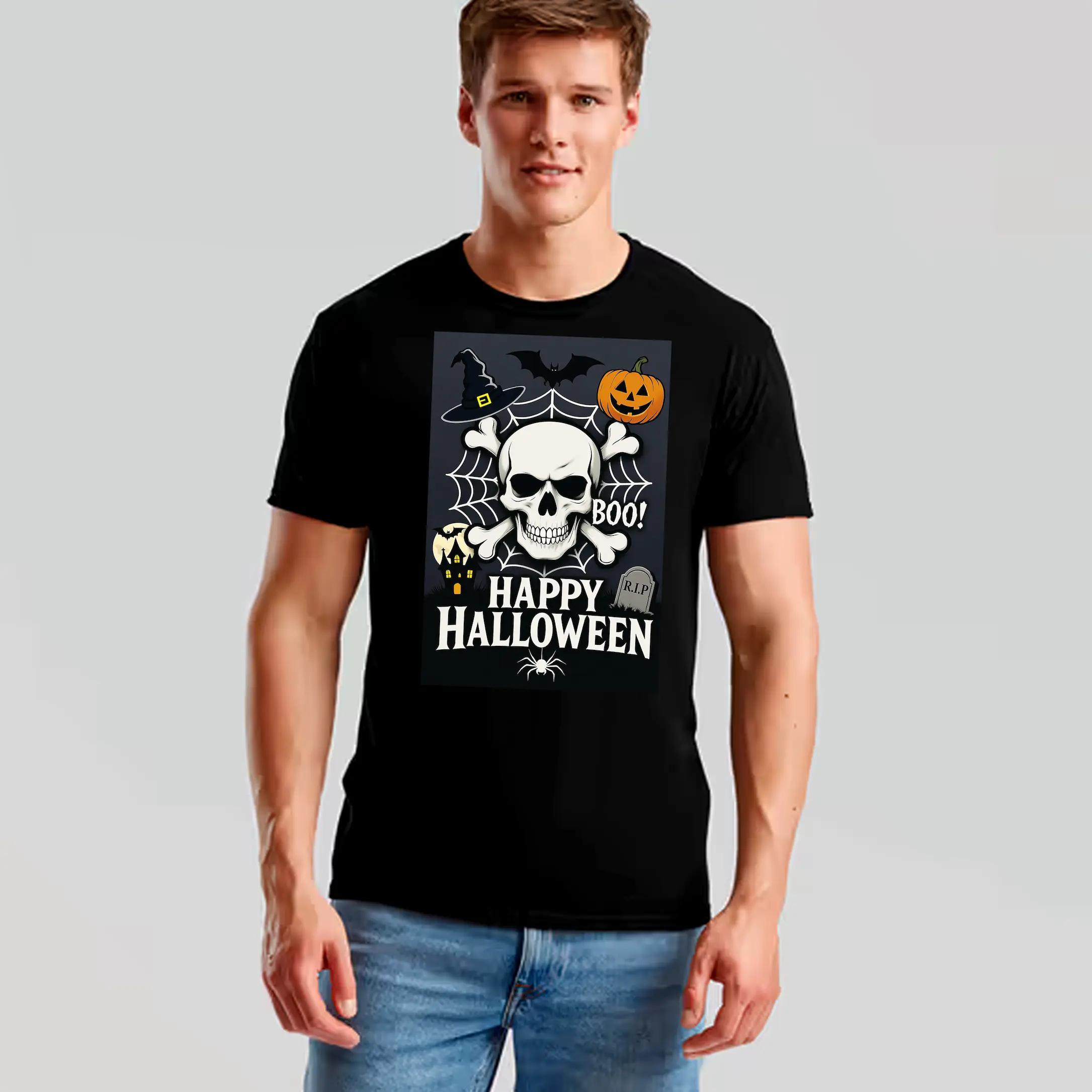 T-shirt tête de mort avec toile d'araignée, tombe et maison hantée