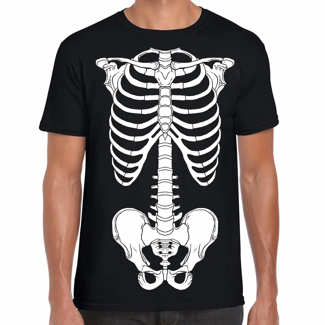 T-shirt adulte noir avec impression des os du squelette pour Halloween